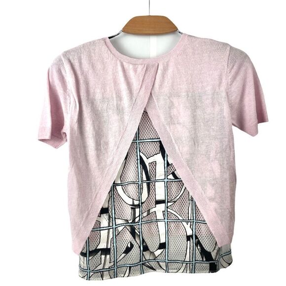 Sachin + Babi Pink Linen Short Sleeve Sweater w/ Mesh Patterned Back Size XS - Picture 3 of 7
